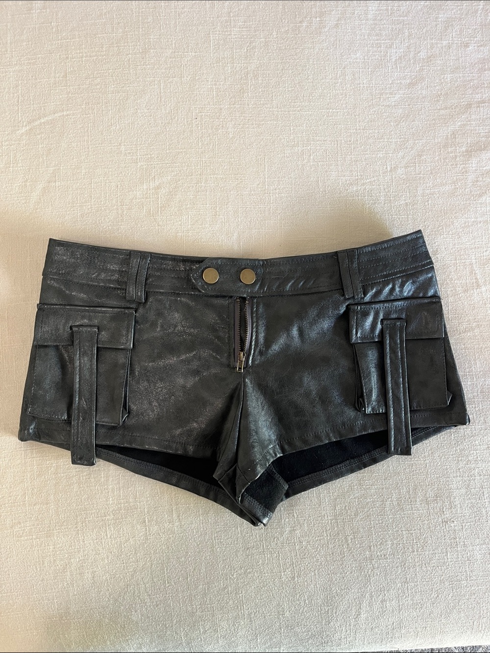 Faux Leather Charcoal Low Rise Cargo Pocket Shorts